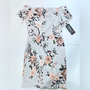 Off-Shoulder Floral Bodycon Dress Soft Light Grey M Cocktail Vacation Wedding